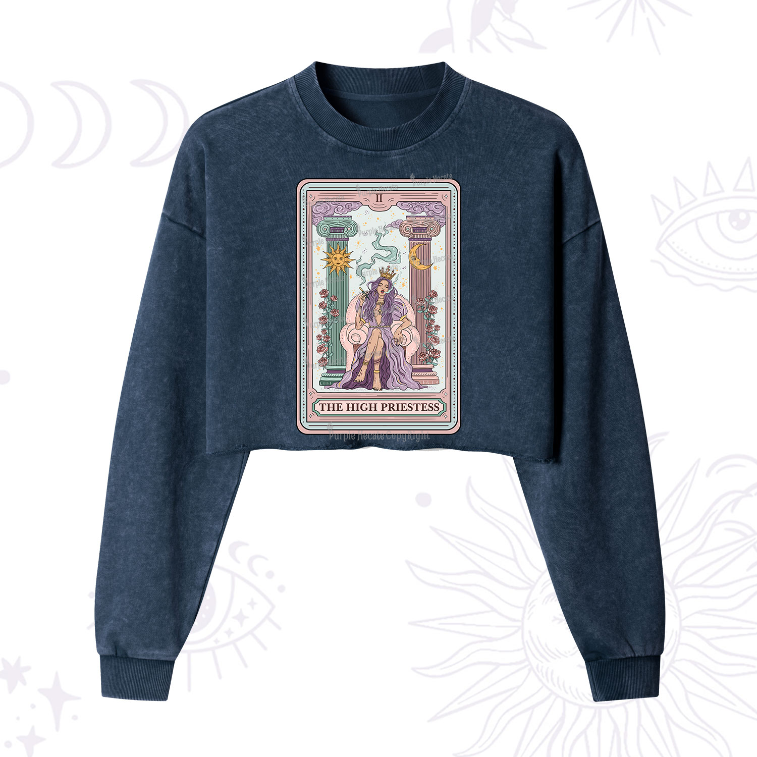 Purplehecate The High Priestess Tarot Card Cropped Washed Sweatshirt