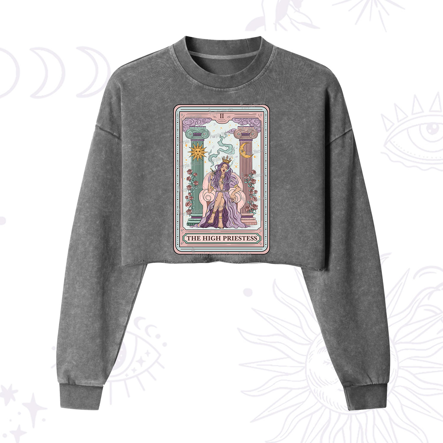 Purplehecate The High Priestess Tarot Card Cropped Washed Sweatshirt