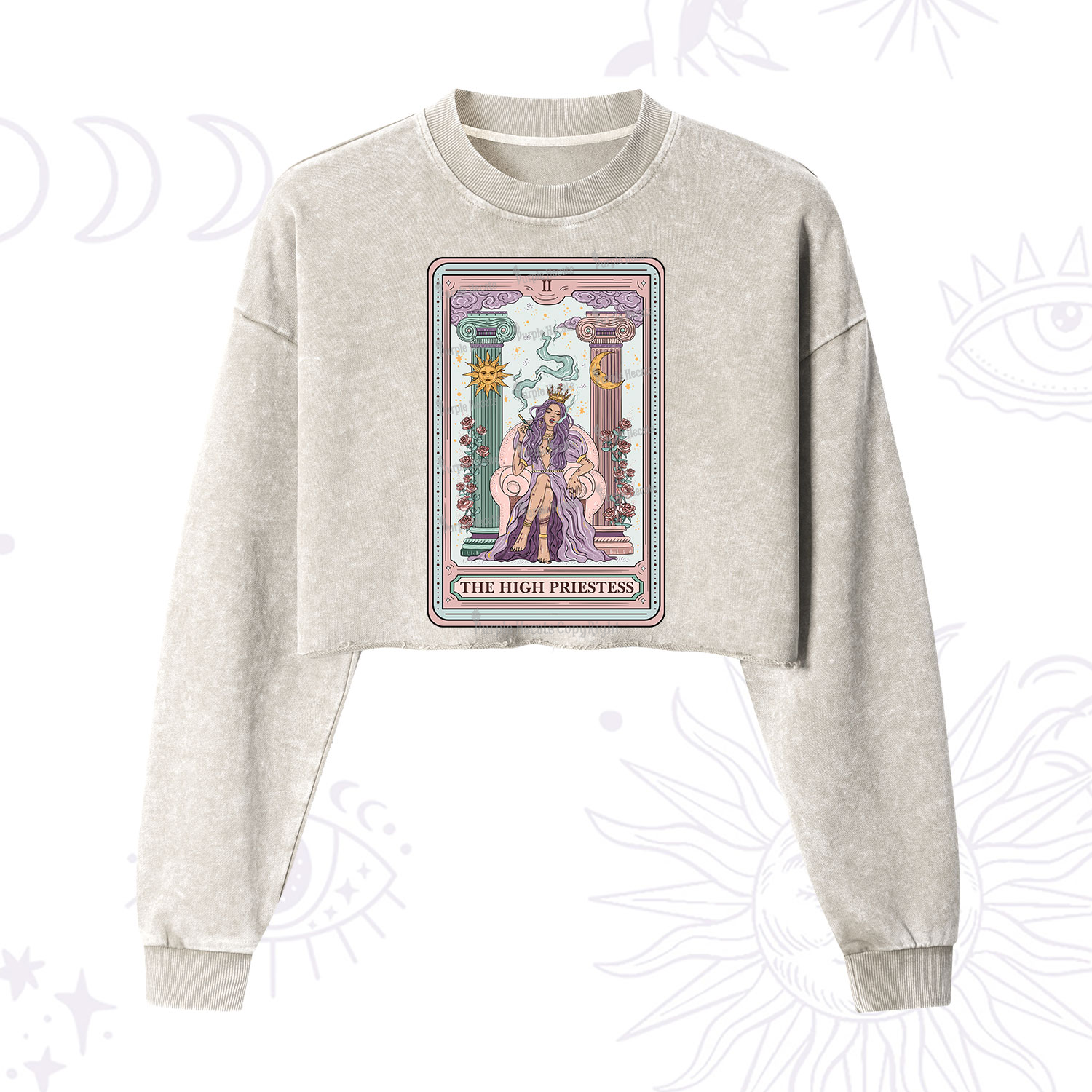 Purplehecate The High Priestess Tarot Card Cropped Washed Sweatshirt