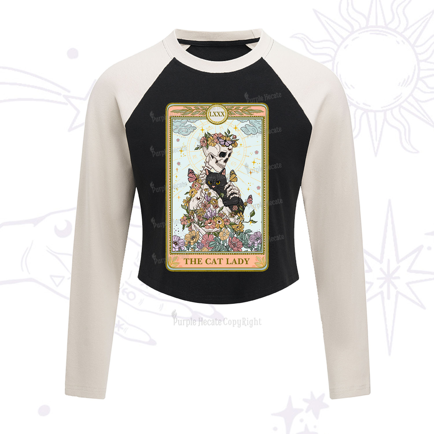 Purplehecate The Cat Lady Skeleton Tarot Cropped Raglan Long Sleeve T-Shirt