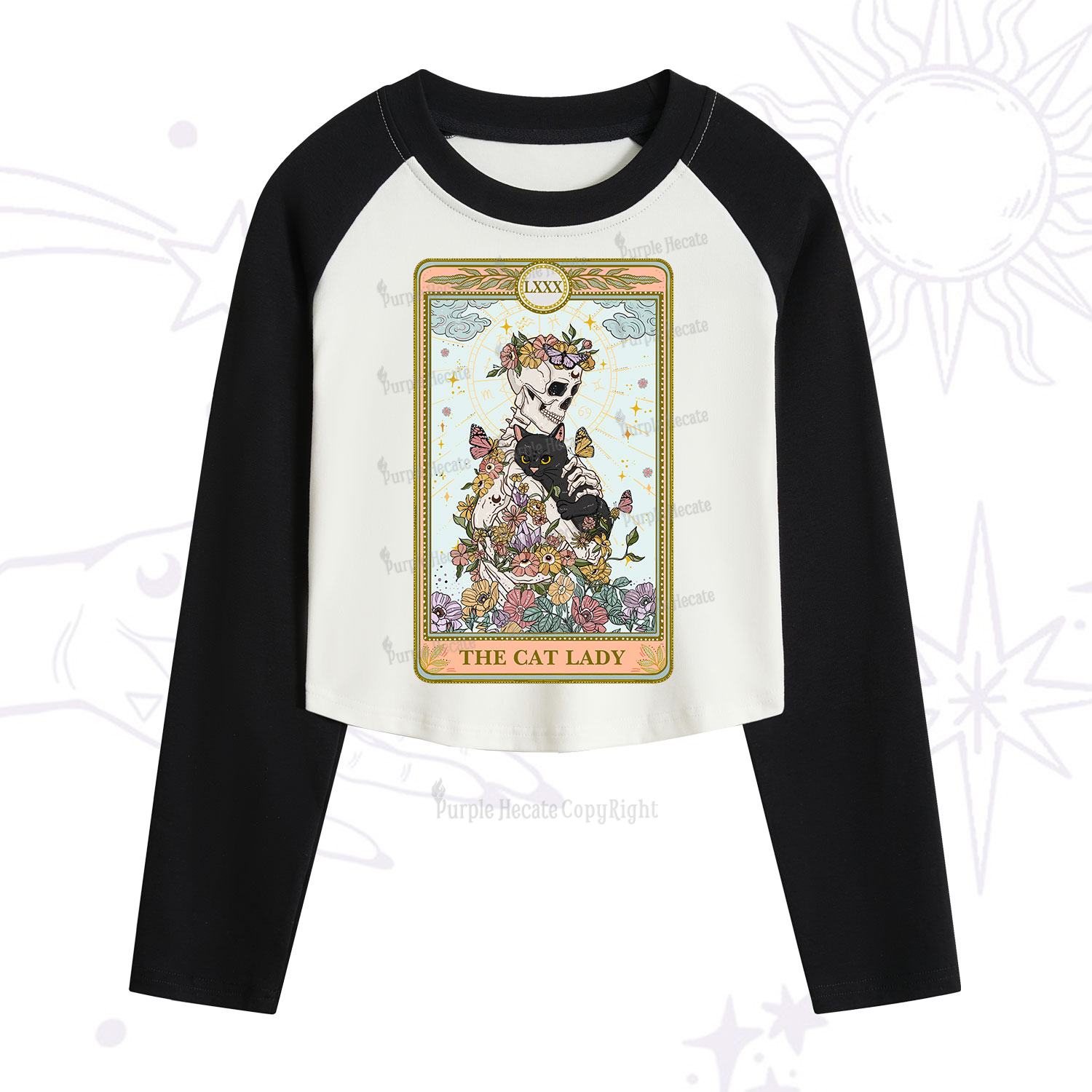 Purplehecate The Cat Lady Skeleton Tarot Cropped Raglan Long Sleeve T-Shirt