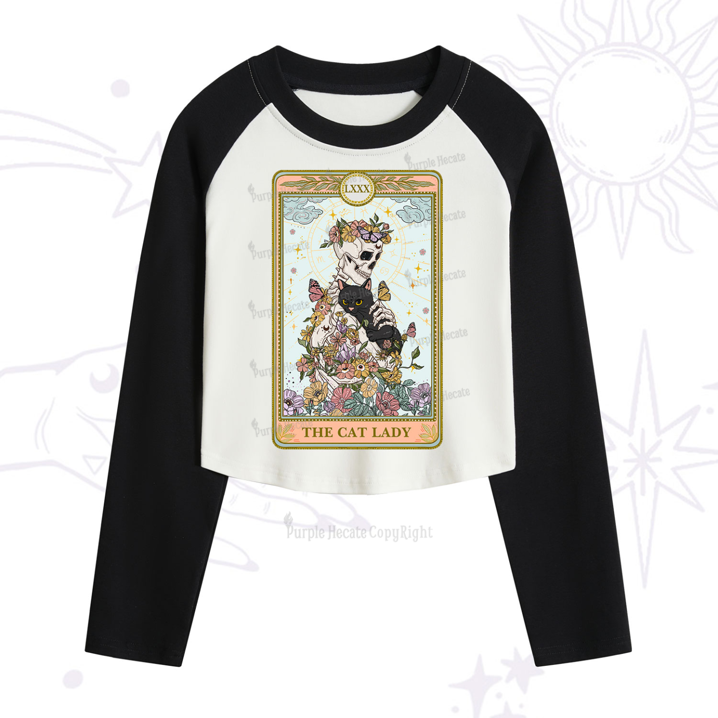 Purplehecate The Cat Lady Skeleton Tarot Cropped Raglan Long Sleeve T-Shirt