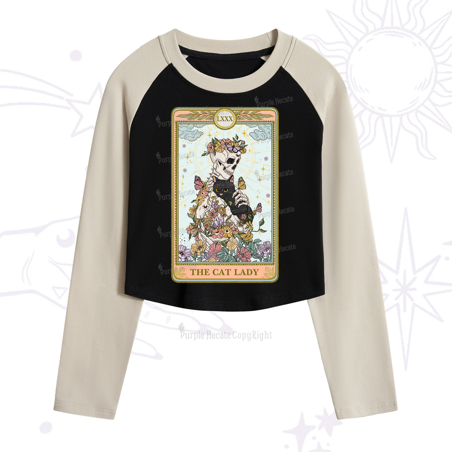 Purplehecate The Cat Lady Skeleton Tarot Cropped Raglan Long Sleeve T-Shirt