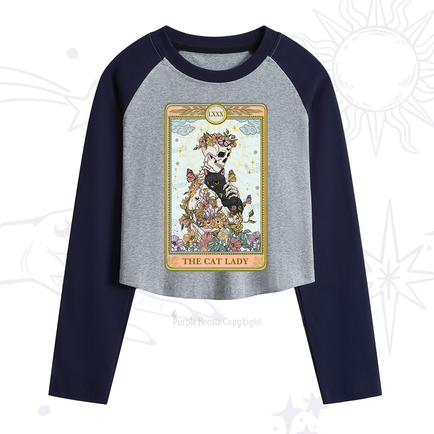 Purplehecate The Cat Lady Skeleton Tarot Cropped Raglan Long Sleeve T-Shirt