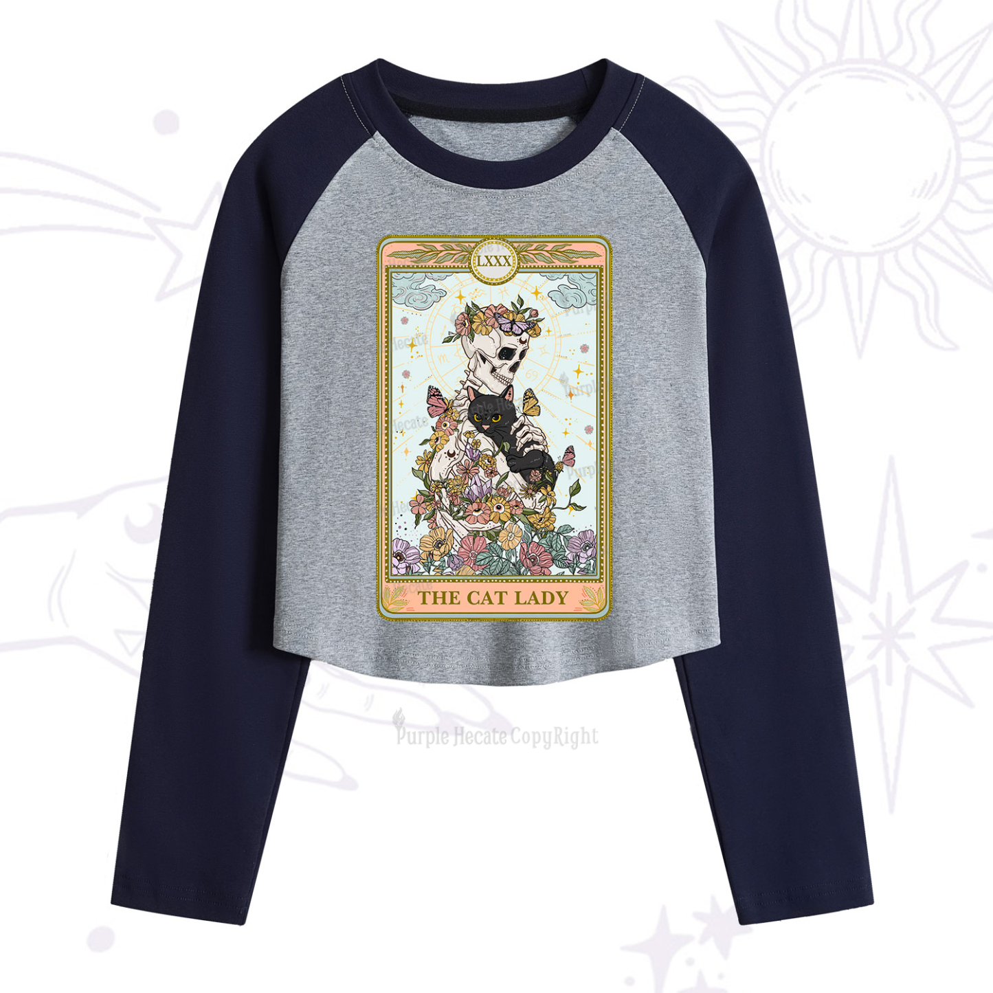 Purplehecate The Cat Lady Skeleton Tarot Cropped Raglan Long Sleeve T-Shirt