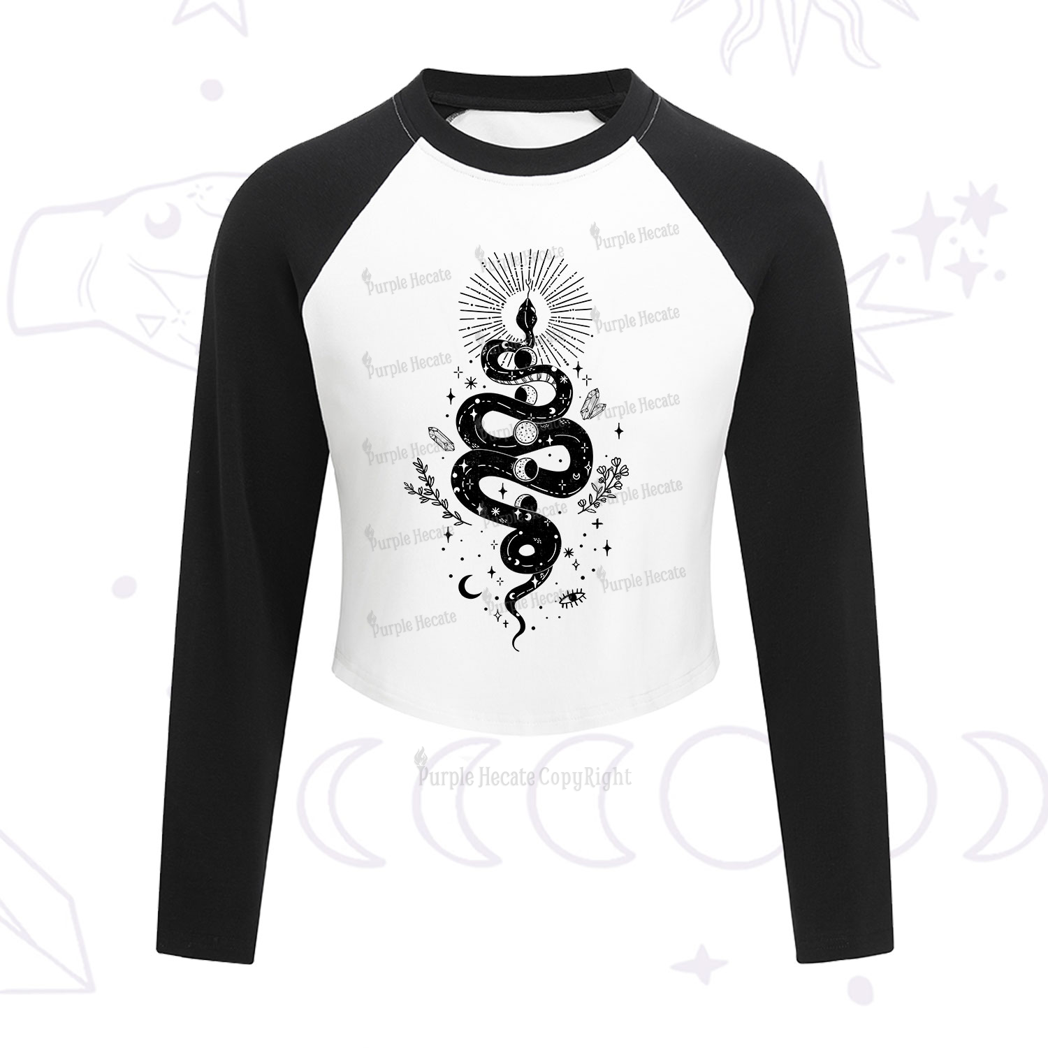 Purplehecate Mystical Moon Phases Snake Cropped Raglan Long Sleeve T-Shirt