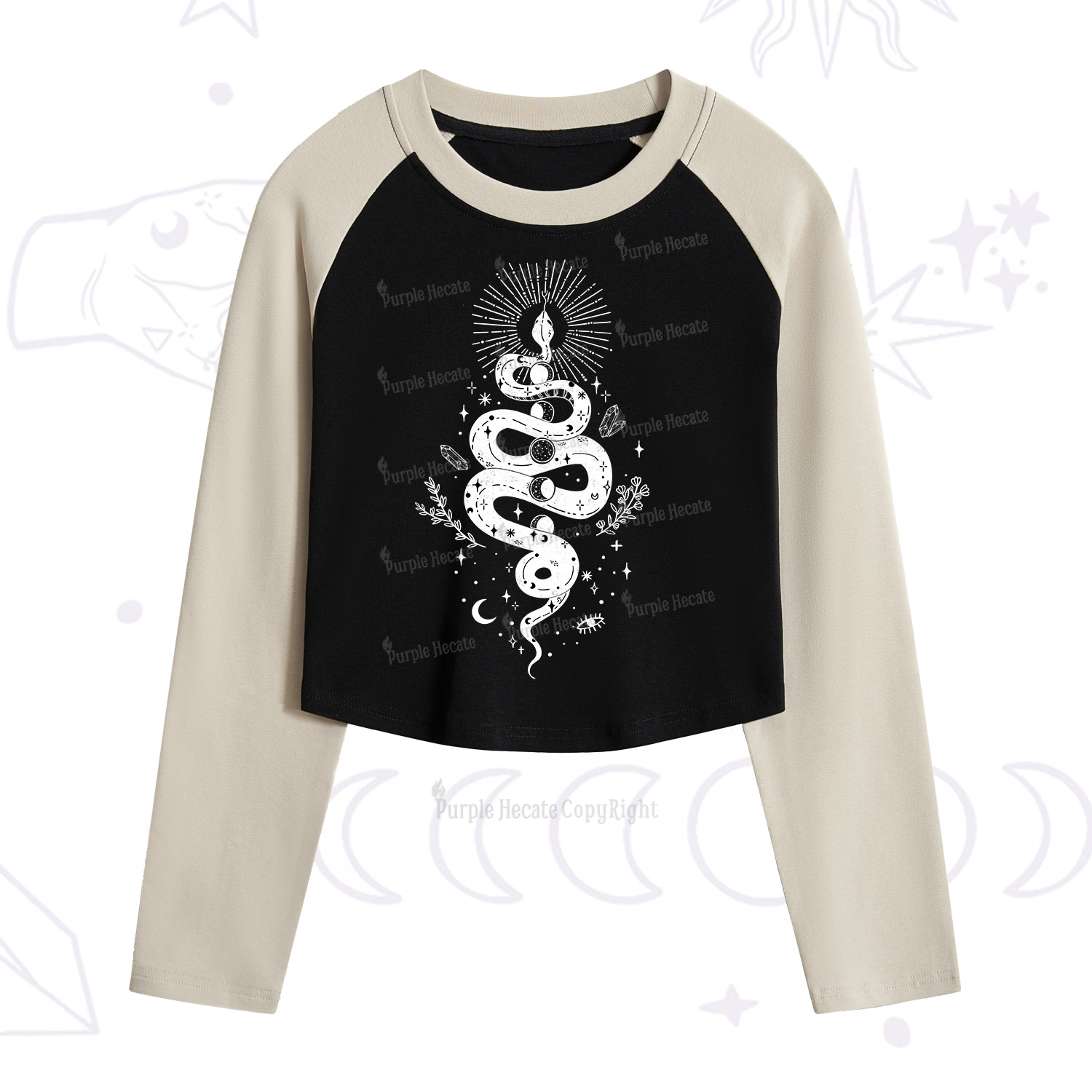 Purplehecate Mystical Moon Phases Snake Cropped Raglan Long Sleeve T-Shirt