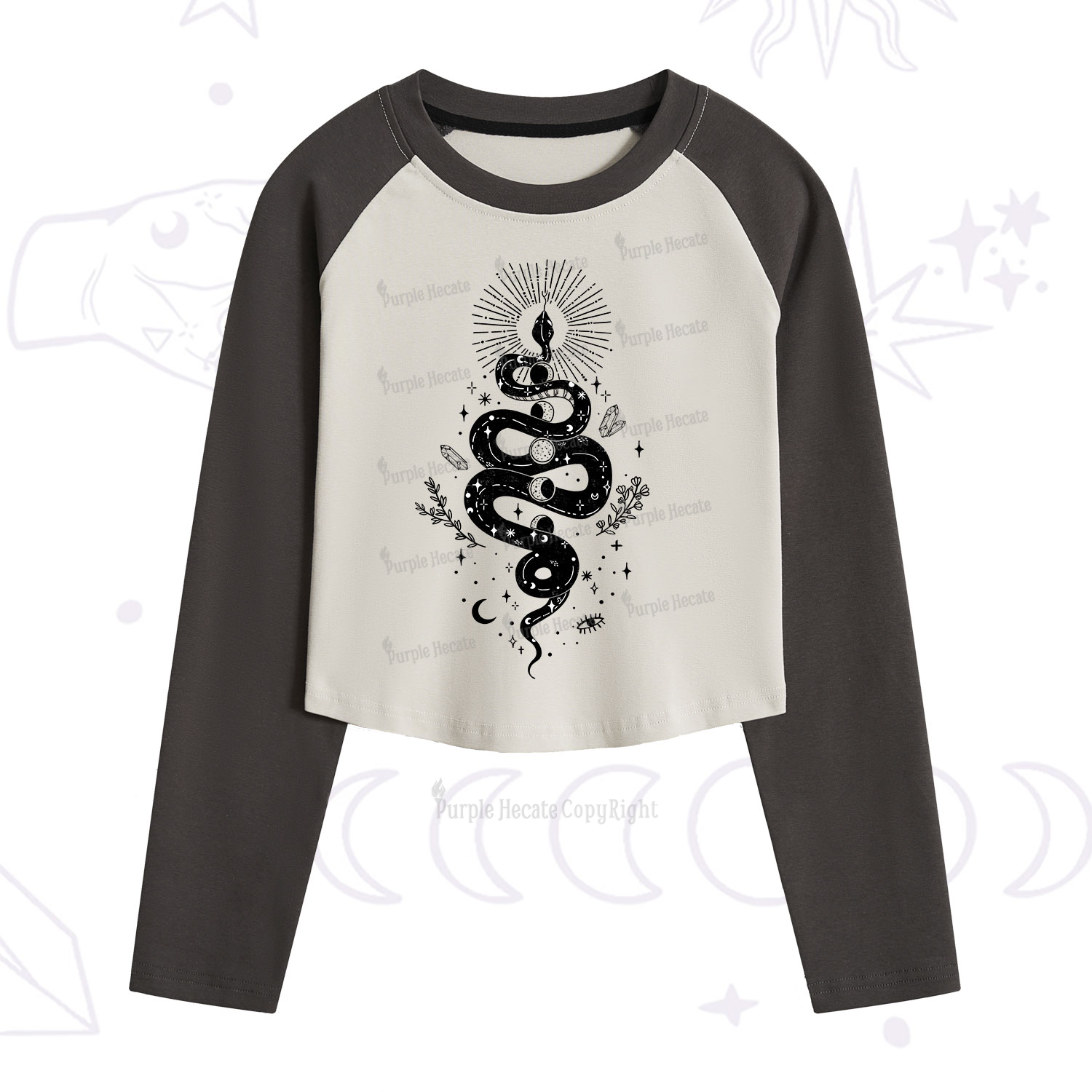 Purplehecate Mystical Moon Phases Snake Cropped Raglan Long Sleeve T-Shirt