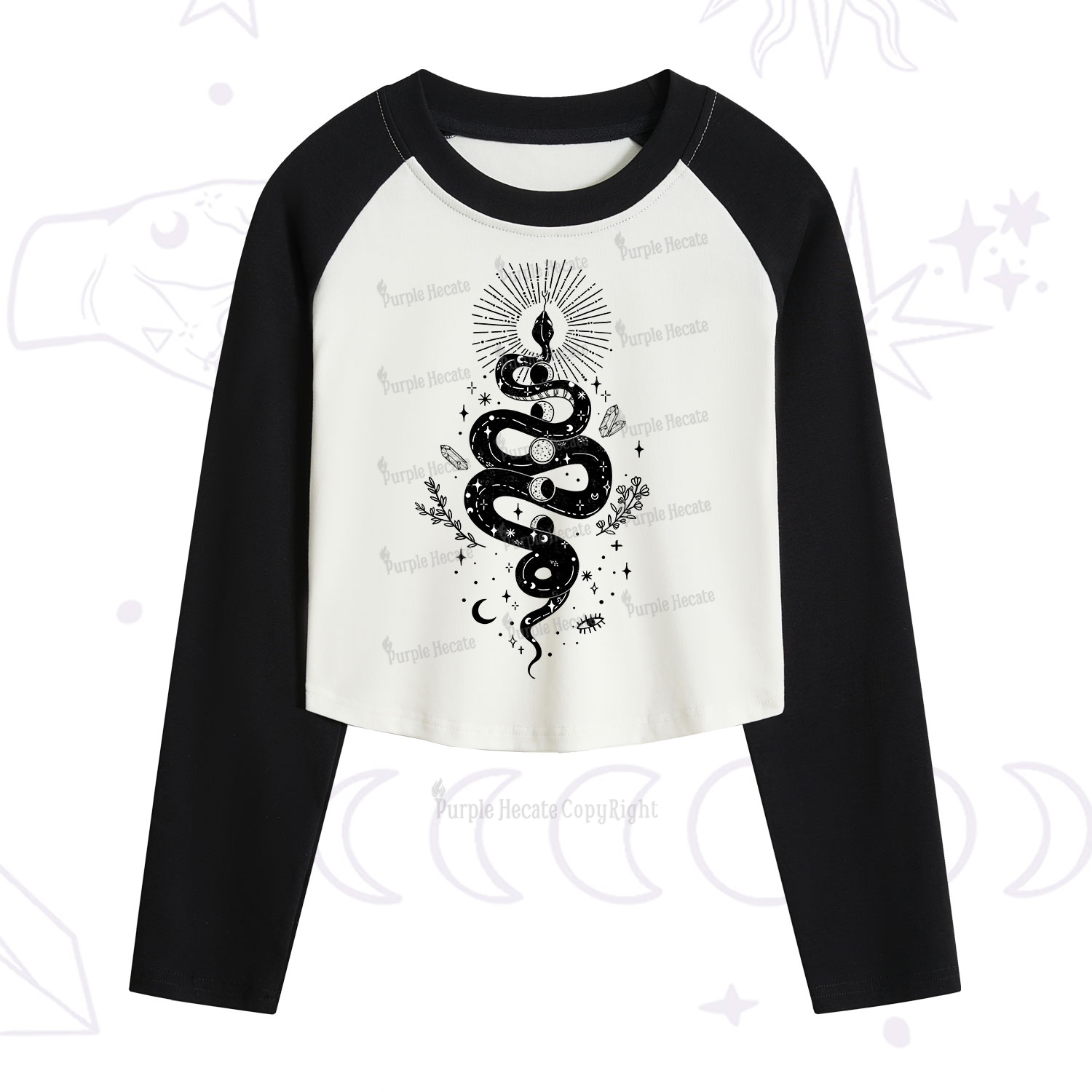 Purplehecate Mystical Moon Phases Snake Cropped Raglan Long Sleeve T-Shirt