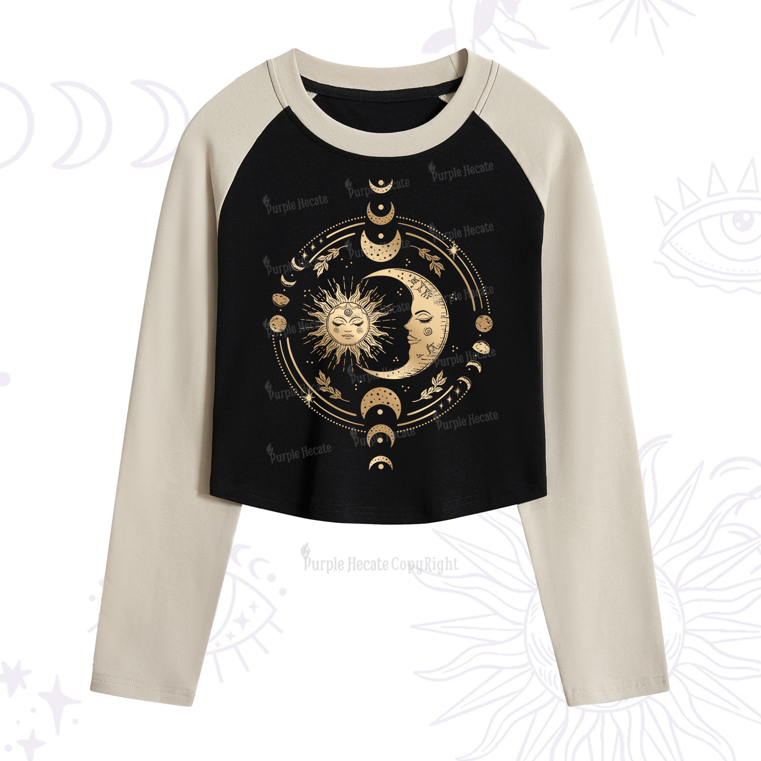 Purplehecate Celestial Sun and Moon Cropped Raglan Long Sleeve T-Shirt