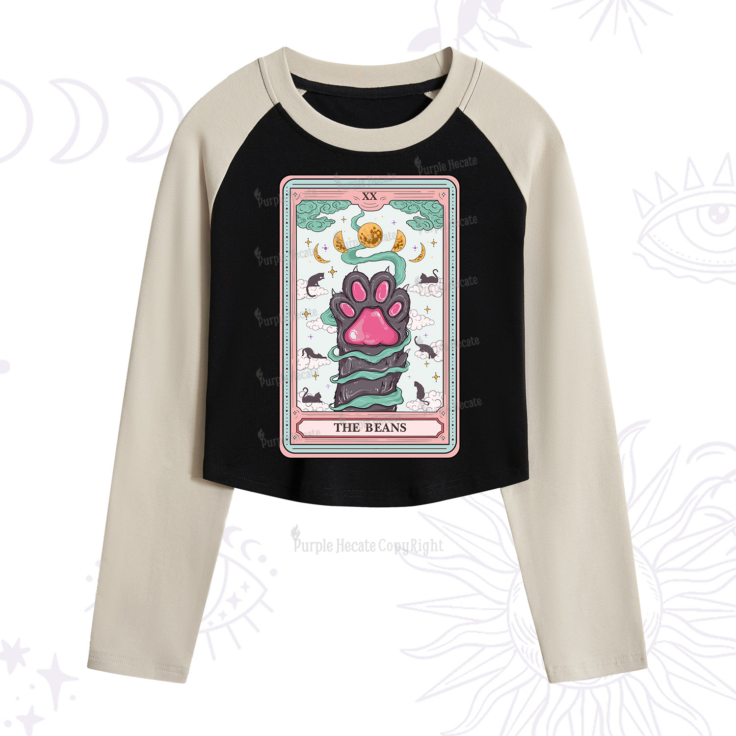 Purplehecate The Beans Cat Tarot Cropped Raglan Long Sleeve T-Shirt