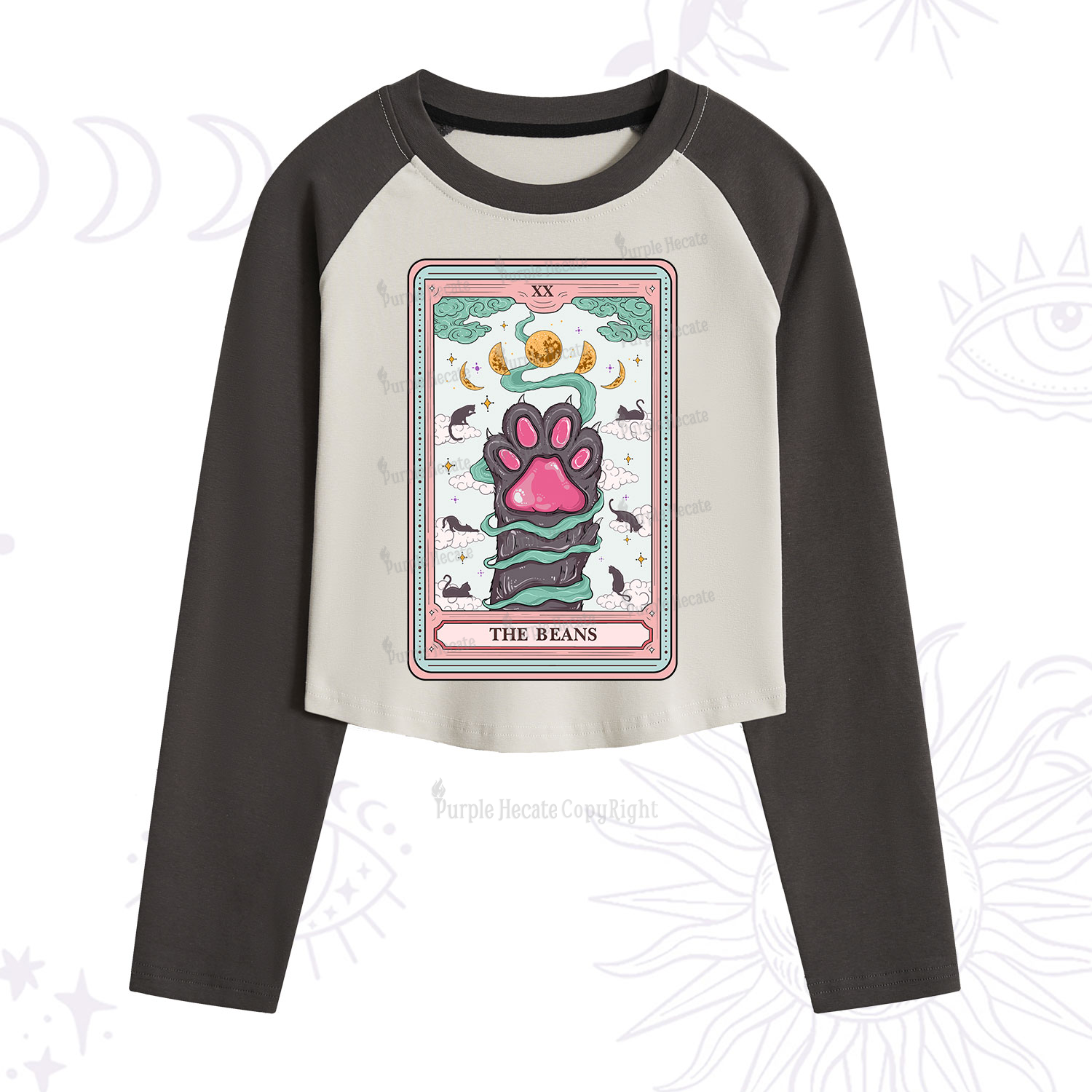 Purplehecate The Beans Cat Tarot Cropped Raglan Long Sleeve T-Shirt