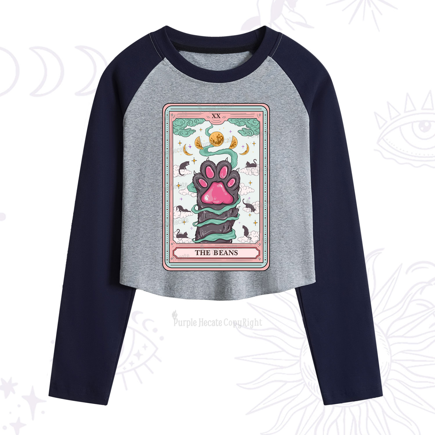 Purplehecate The Beans Cat Tarot Cropped Raglan Long Sleeve T-Shirt