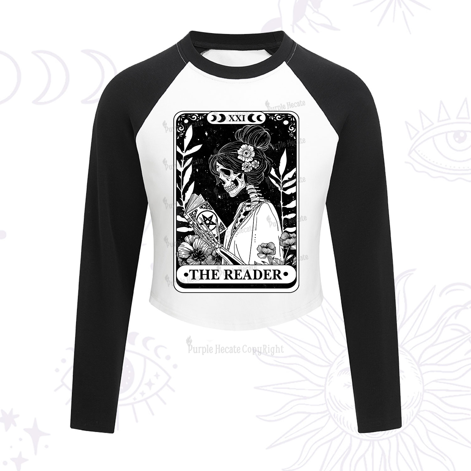 Purplehecate The Reader Skeleton Tarot Cropped Raglan Long Sleeve T-Shirt
