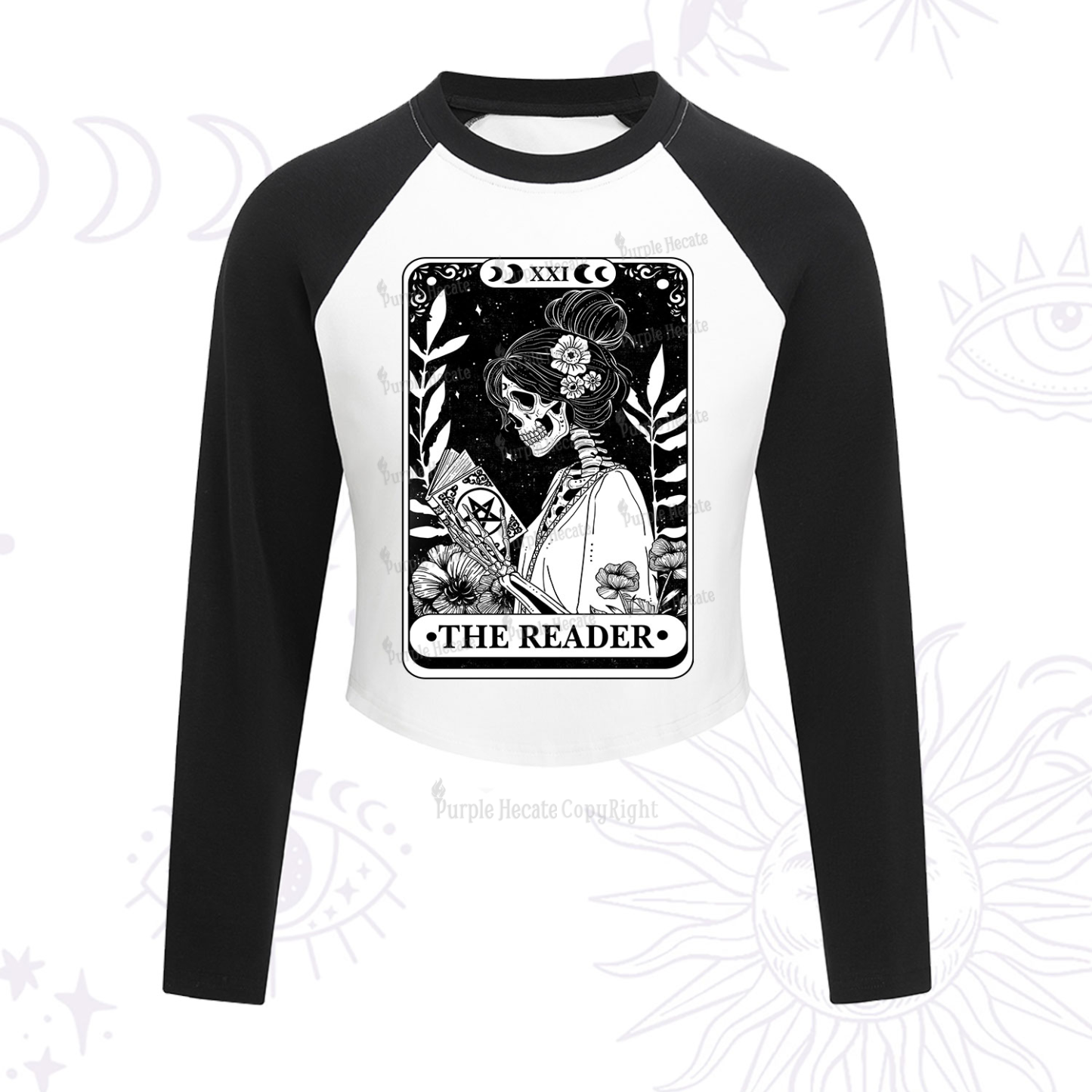 Purplehecate The Reader Skeleton Tarot Cropped Raglan Long Sleeve T-Shirt