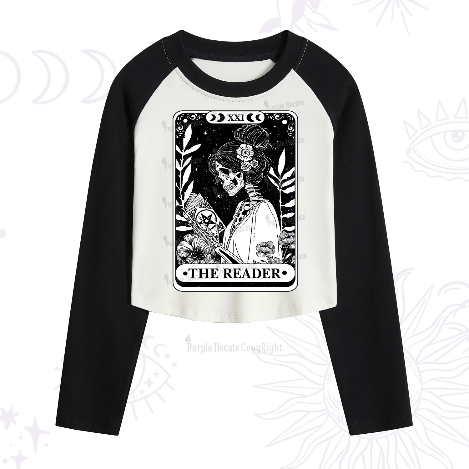 Purplehecate The Reader Skeleton Tarot Cropped Raglan Long Sleeve T-Shirt