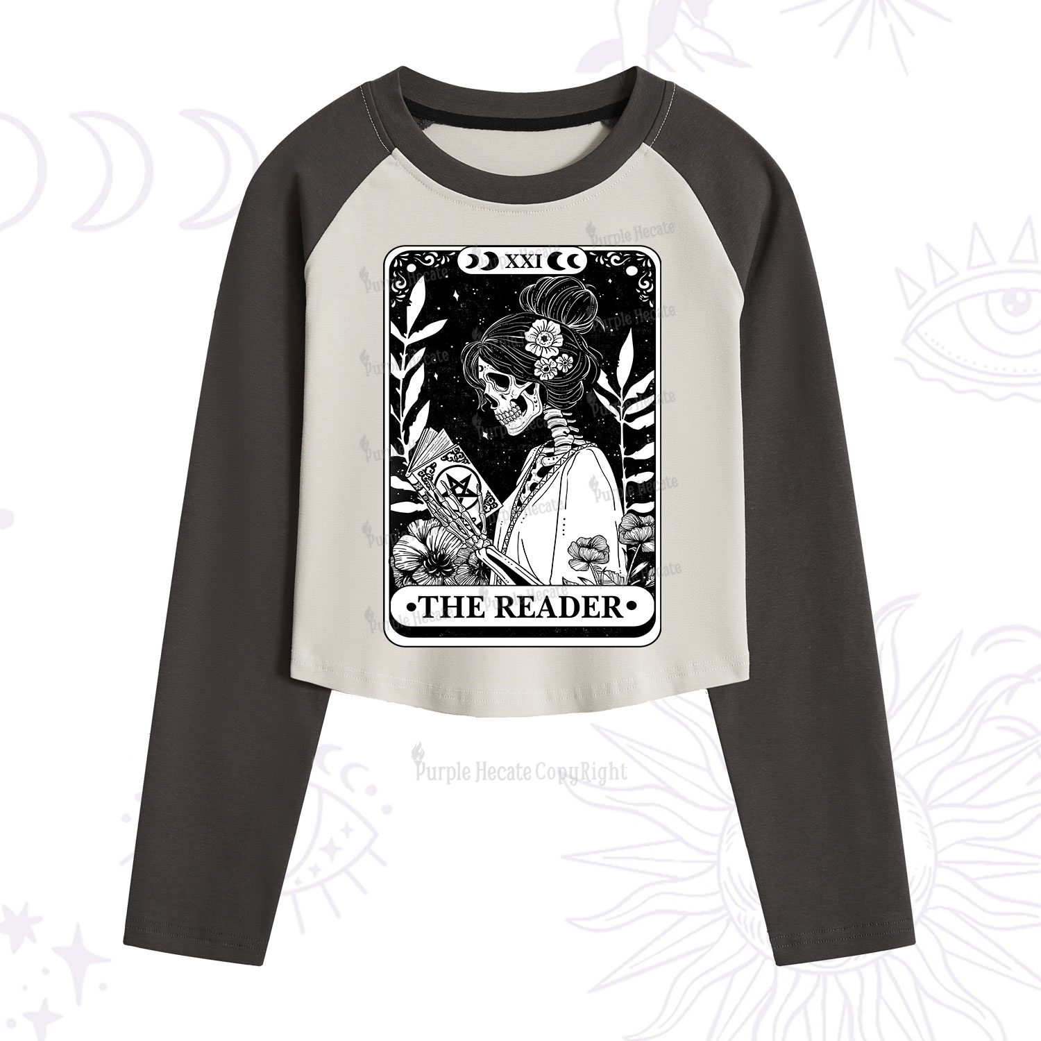 Purplehecate The Reader Skeleton Tarot Cropped Raglan Long Sleeve T-Shirt