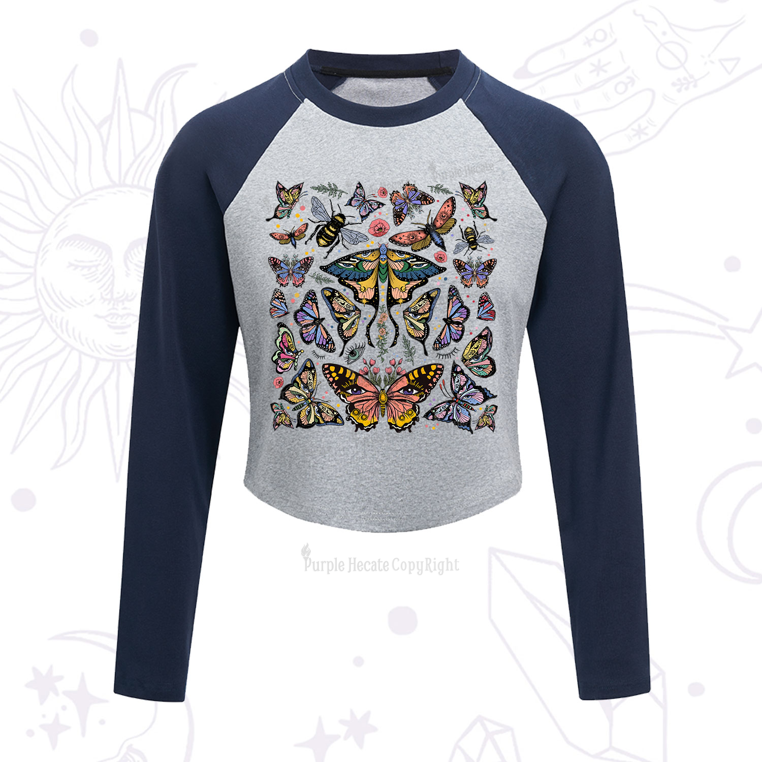Purplehecate Mystical Butterfly & Moth Cropped Raglan Long Sleeve T-Shirt