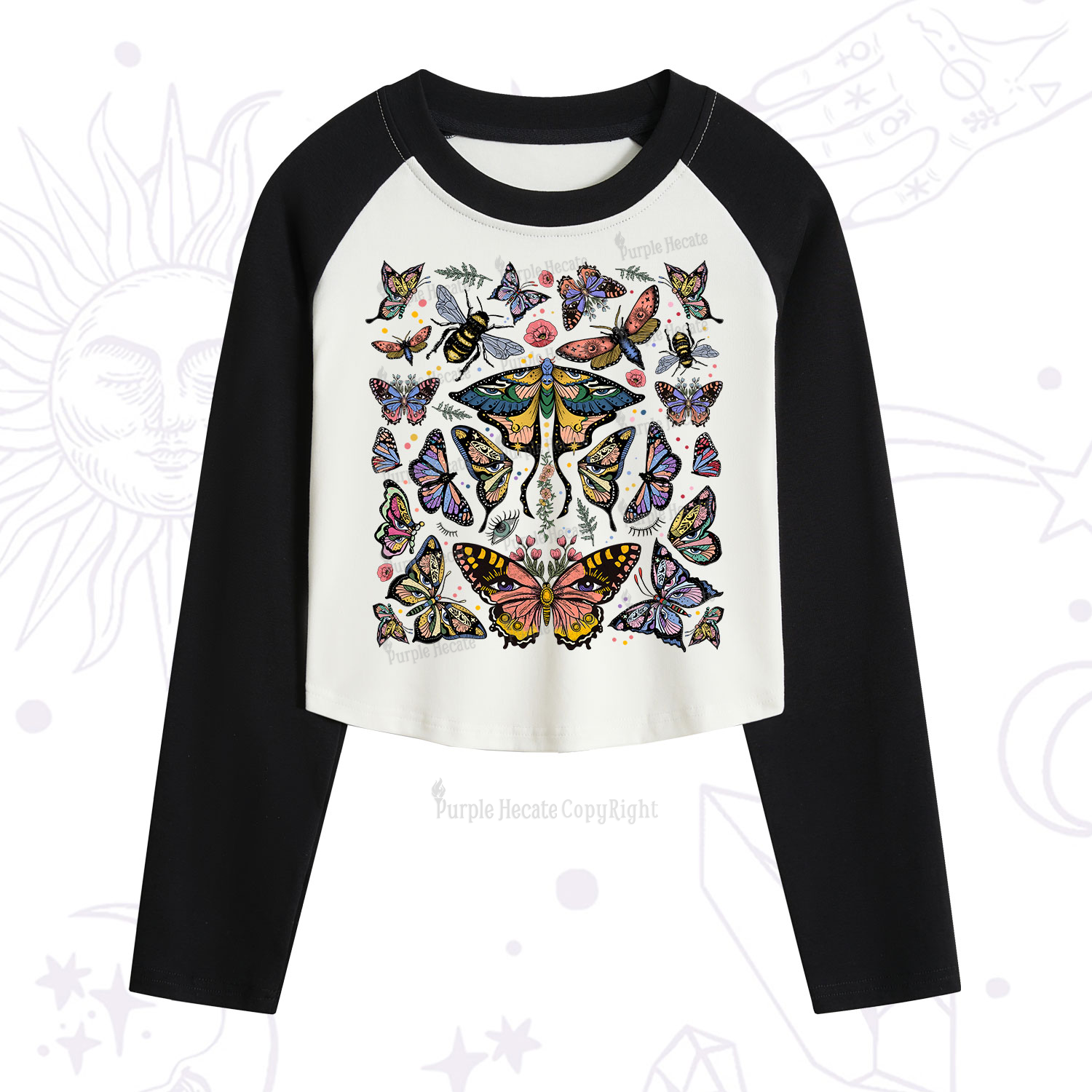 Purplehecate Mystical Butterfly & Moth Cropped Raglan Long Sleeve T-Shirt