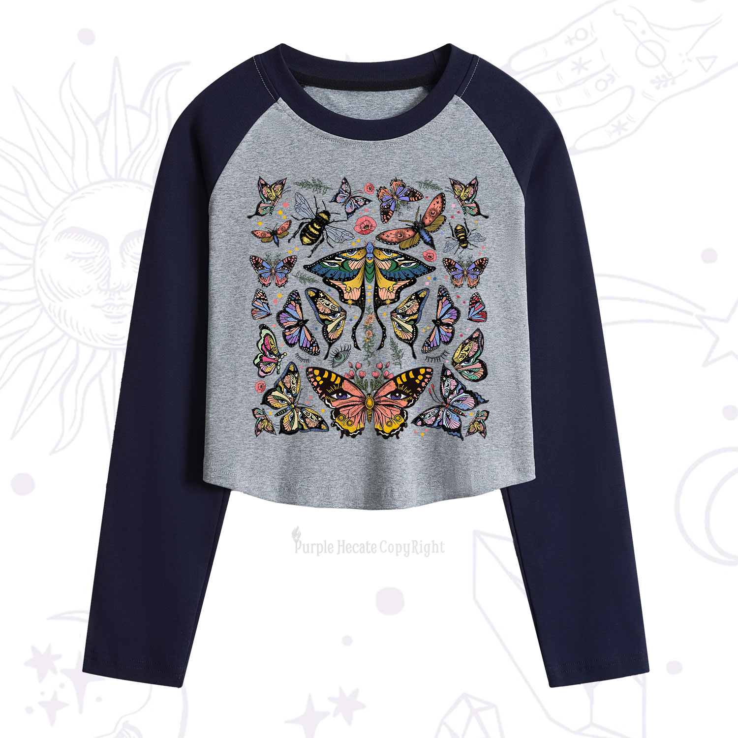 Purplehecate Mystical Butterfly & Moth Cropped Raglan Long Sleeve T-Shirt