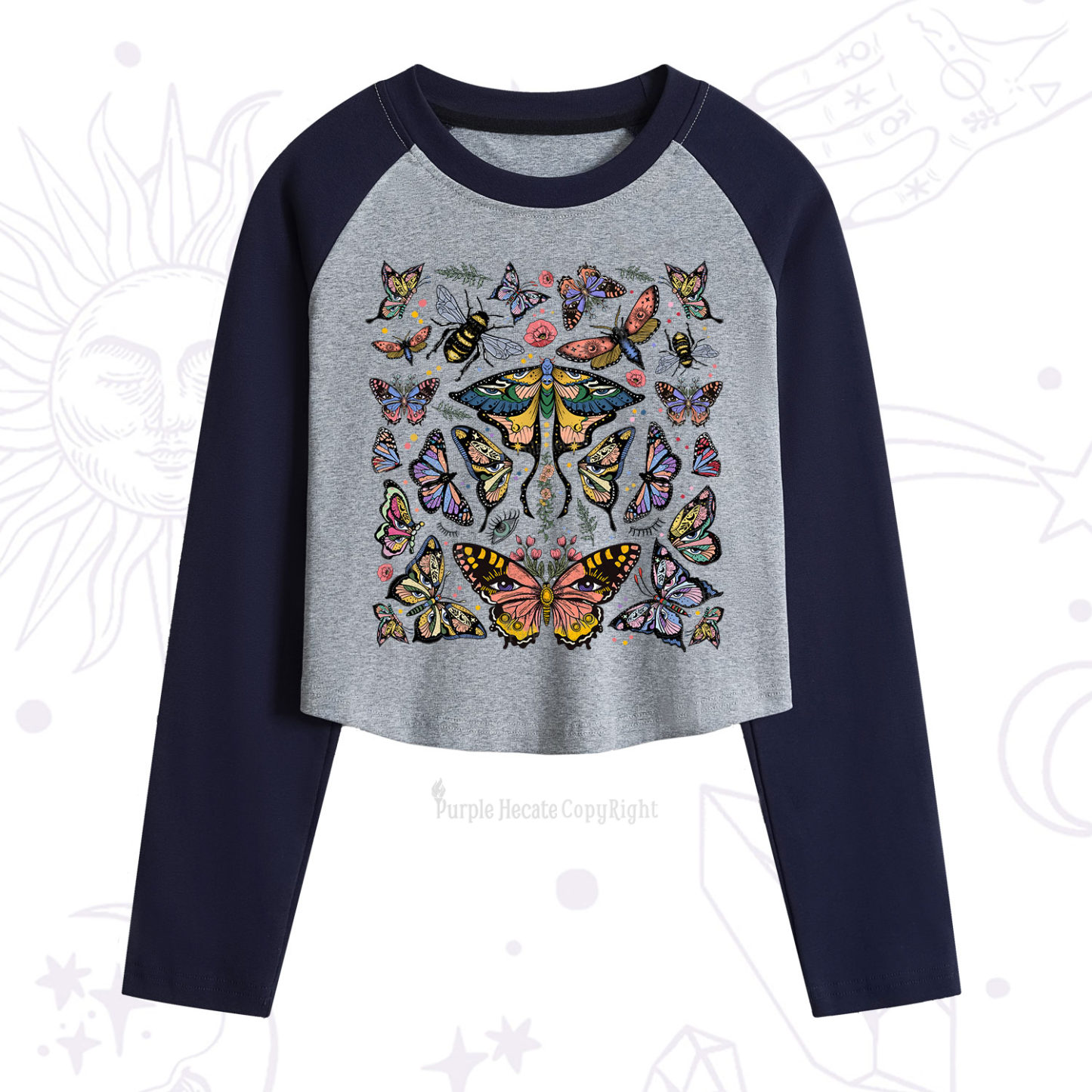 Purplehecate Mystical Butterfly & Moth Cropped Raglan Long Sleeve T-Shirt