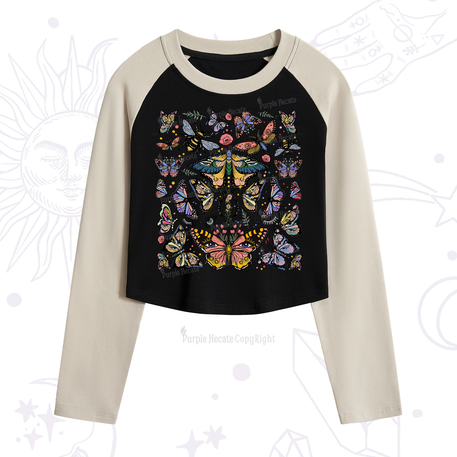 Purplehecate Mystical Butterfly & Moth Cropped Raglan Long Sleeve T-Shirt