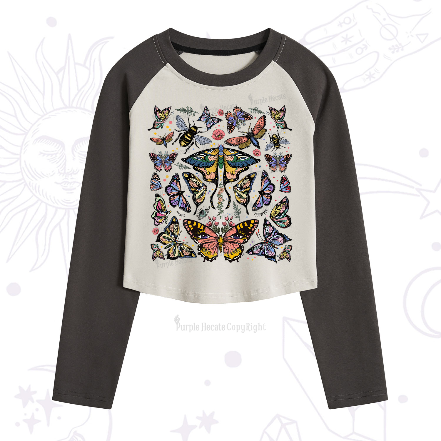 Purplehecate Mystical Butterfly & Moth Cropped Raglan Long Sleeve T-Shirt