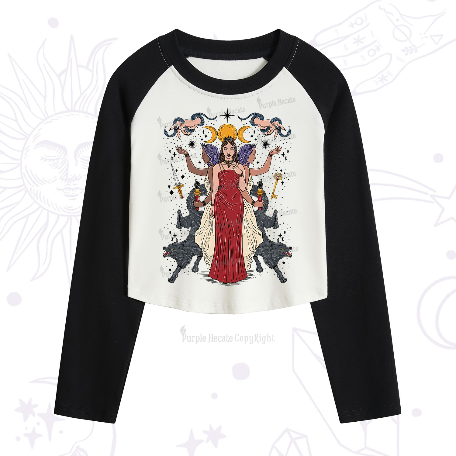 Purplehecate The Triple Goddess Hecate Cropped Raglan Long Sleeve T-Shirt