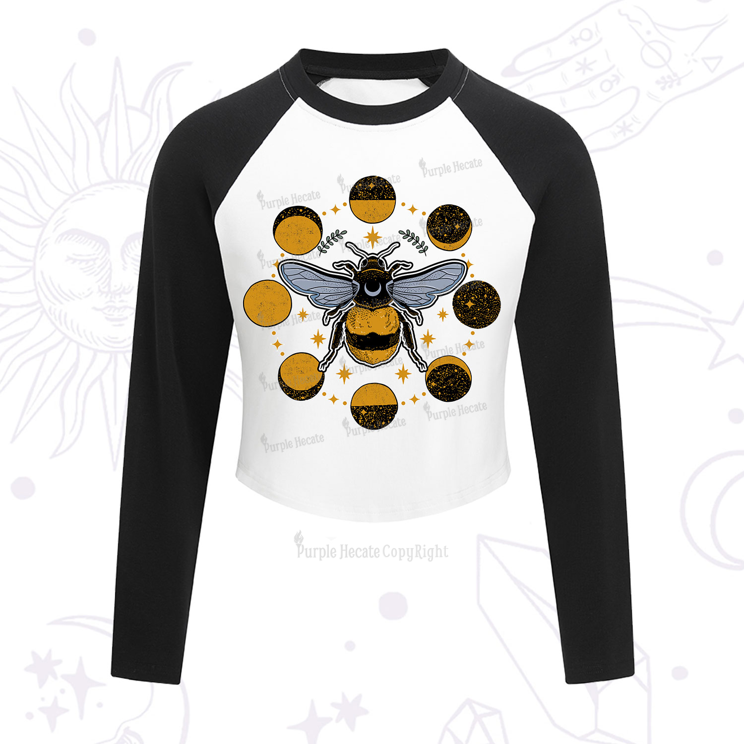 Purplehecate Phases of the Moon Bee Cropped Raglan Long Sleeve T-Shirt