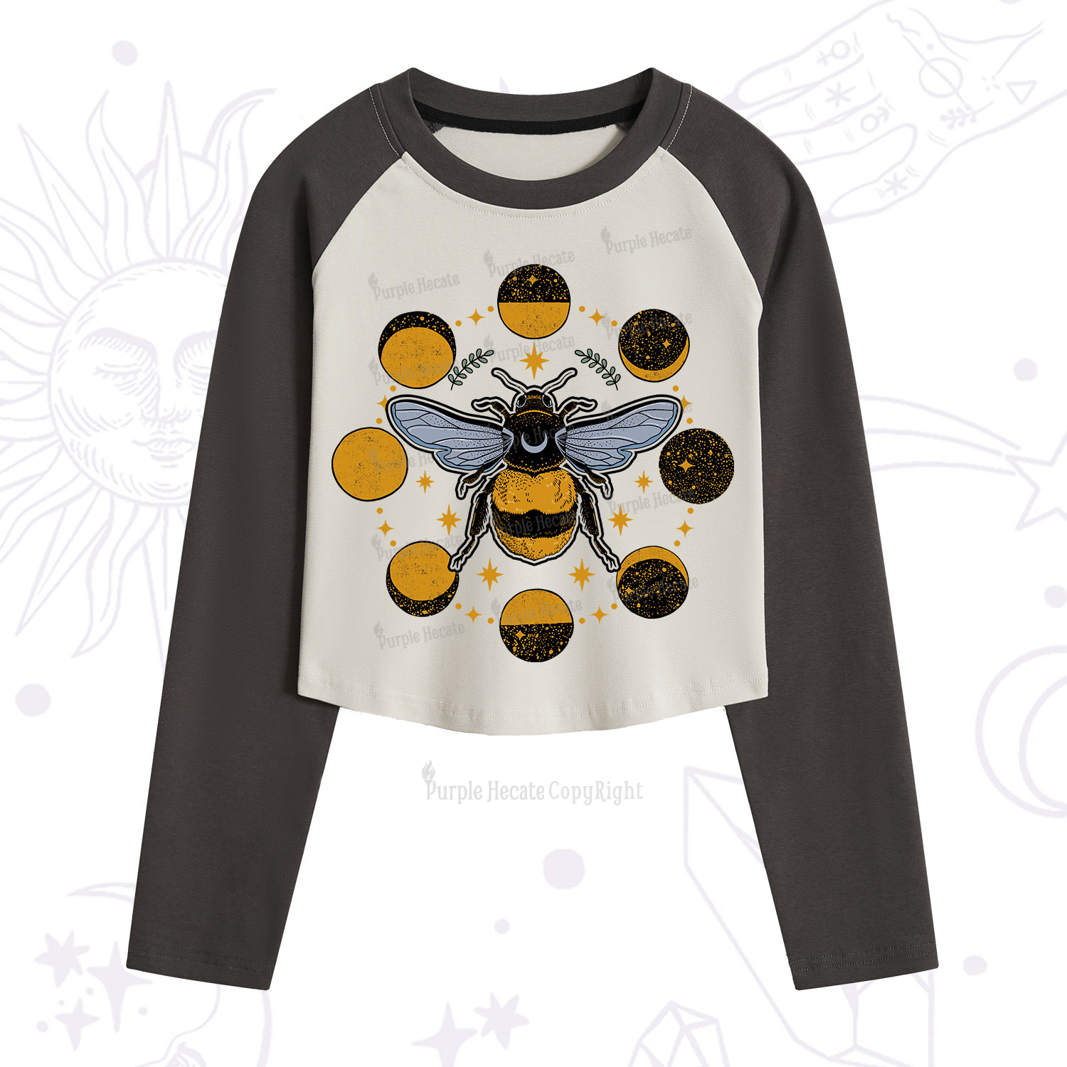Purplehecate Phases of the Moon Bee Cropped Raglan Long Sleeve T-Shirt