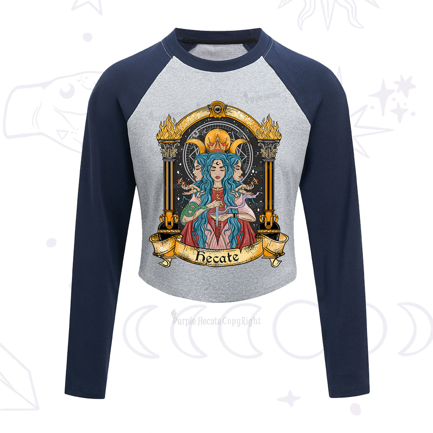 Purplehecate Triple Moon Goddess Hecate Cropped Raglan Long Sleeve T-Shirt