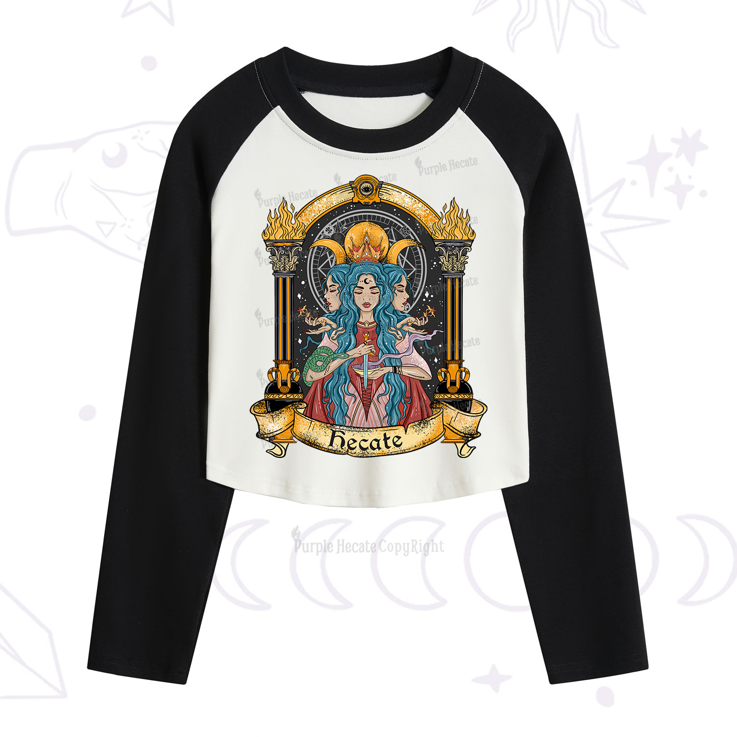 Purplehecate Triple Moon Goddess Hecate Cropped Raglan Long Sleeve T-Shirt