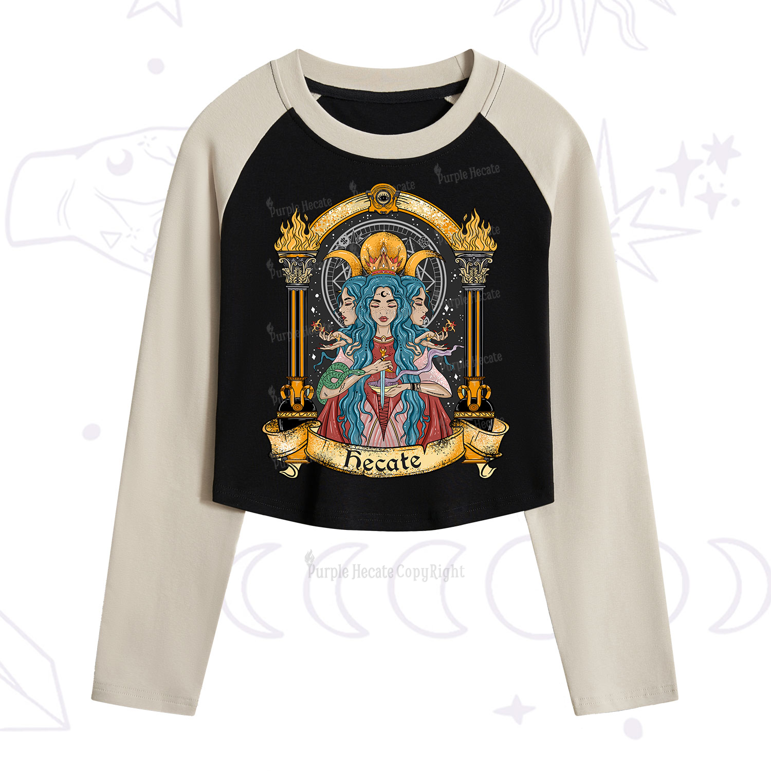 Purplehecate Triple Moon Goddess Hecate Cropped Raglan Long Sleeve T-Shirt