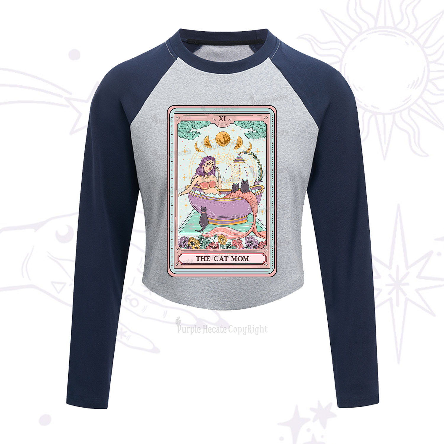 Purplehecate The Cat Mermaid Mom Tarot Card Cropped Raglan Long Sleeve T-Shirt