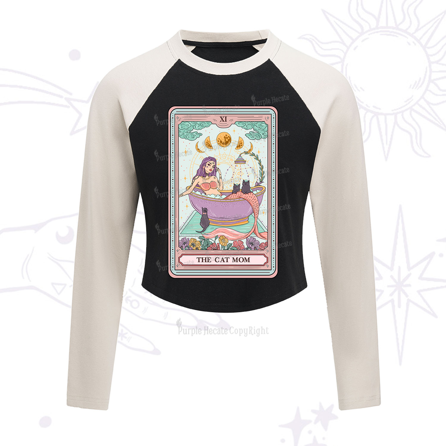 Purplehecate The Cat Mermaid Mom Tarot Card Cropped Raglan Long Sleeve T-Shirt