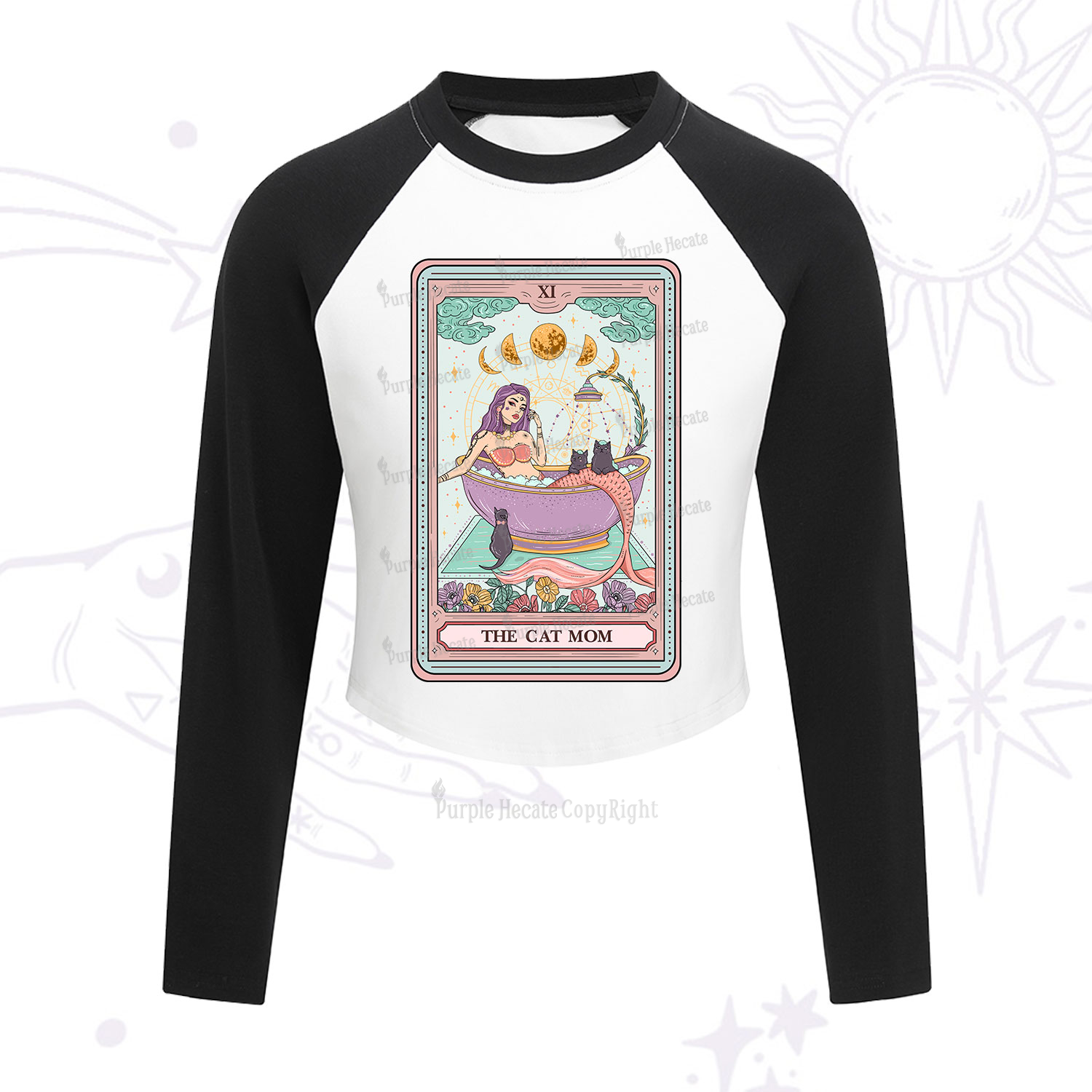 Purplehecate The Cat Mermaid Mom Tarot Card Cropped Raglan Long Sleeve T-Shirt