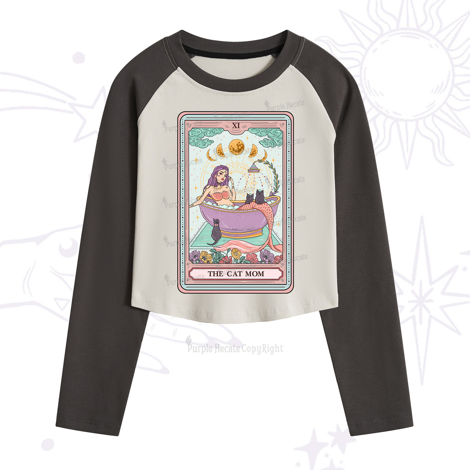 Purplehecate The Cat Mermaid Mom Tarot Card Cropped Raglan Long Sleeve T-Shirt