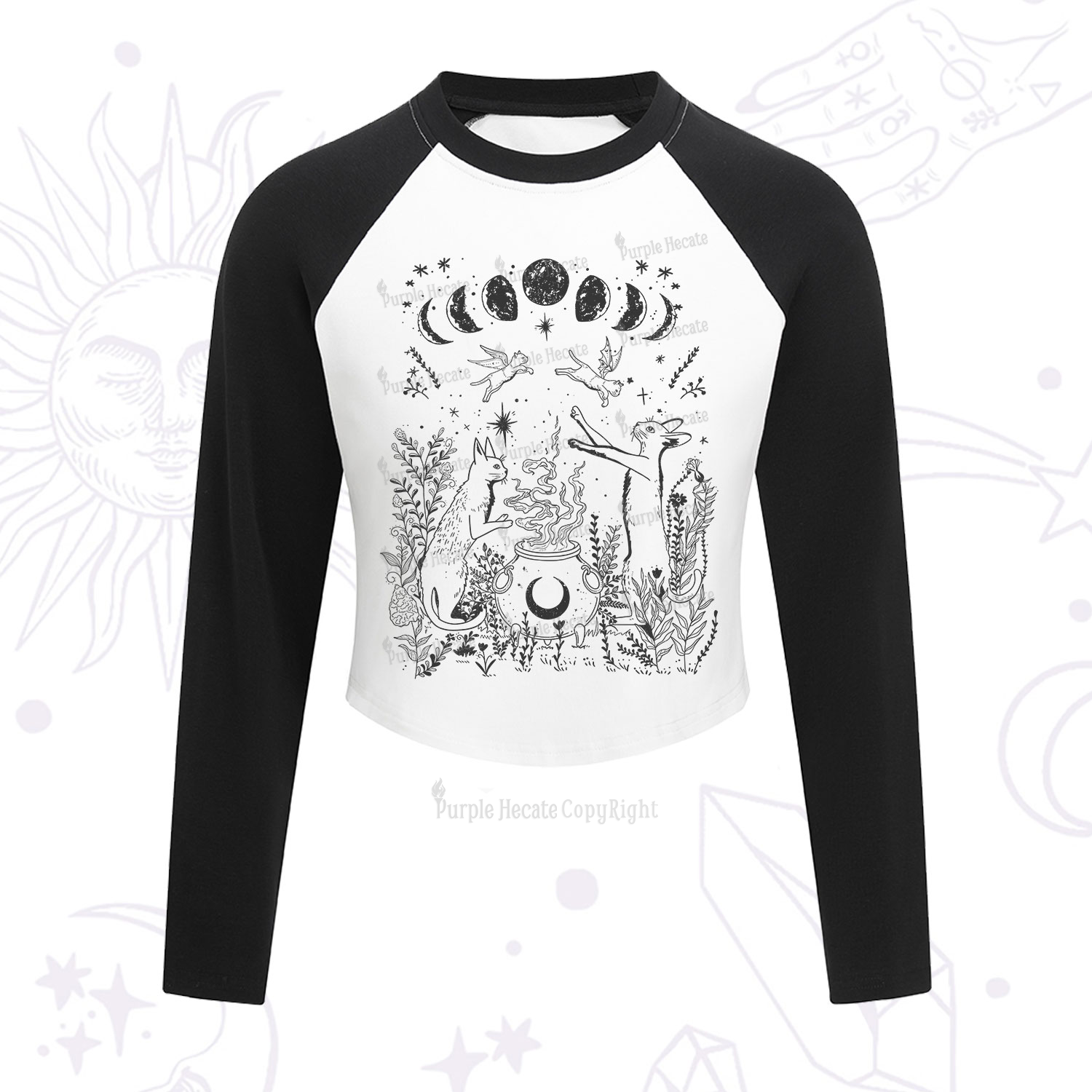 Purplehecate Celestial Cat Cropped Raglan Long Sleeve T-Shirt