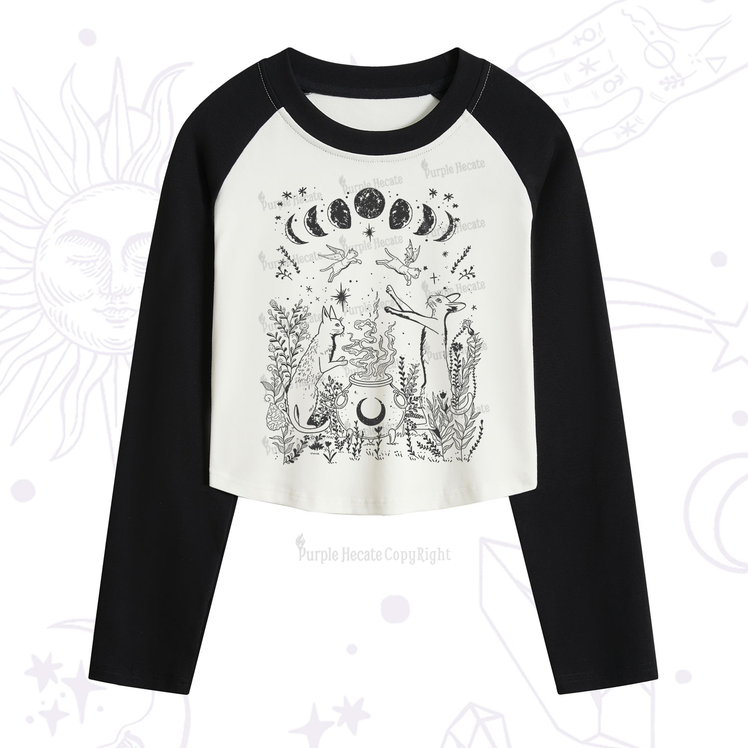 Purplehecate Celestial Cat Cropped Raglan Long Sleeve T-Shirt