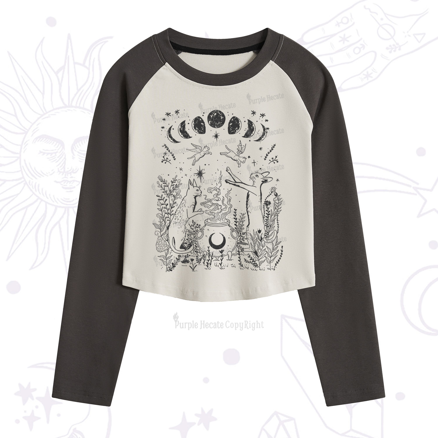 Purplehecate Celestial Cat Cropped Raglan Long Sleeve T-Shirt