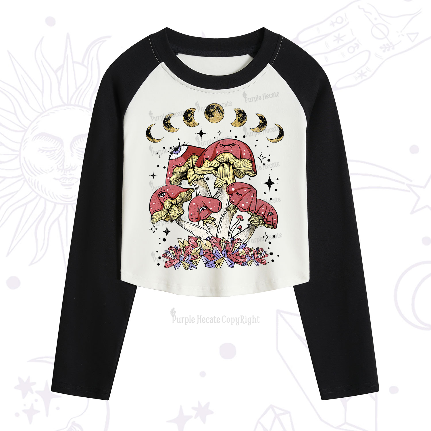 Purplehecate Magic Mushroom Cropped Raglan Long Sleeve T-Shirt