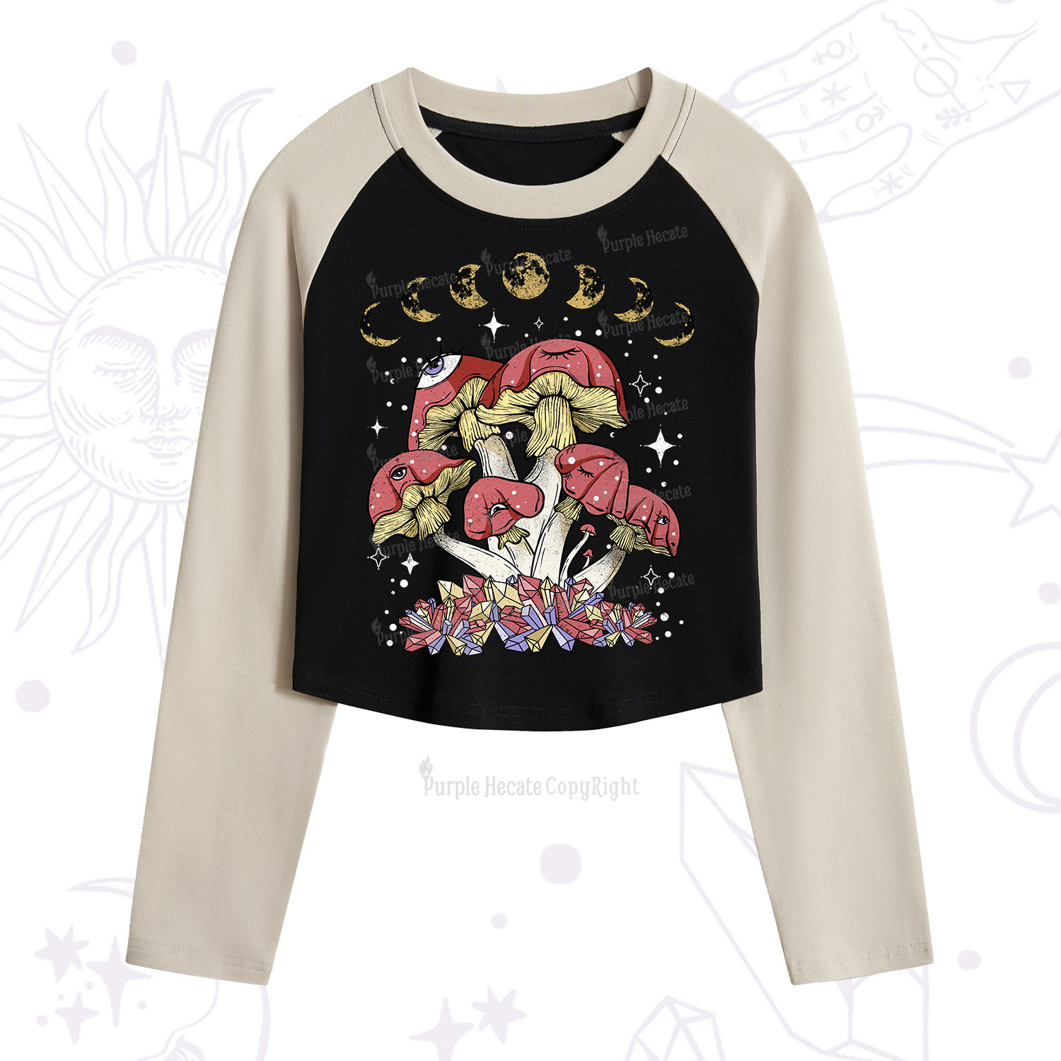 Purplehecate Magic Mushroom Cropped Raglan Long Sleeve T-Shirt