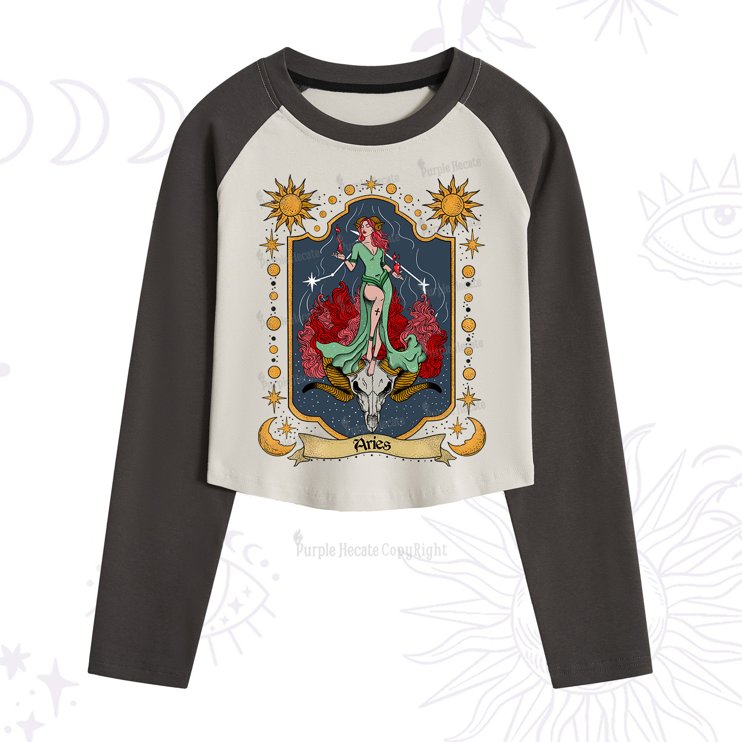 Purplehecate Aries Zodiac Cropped Raglan Long Sleeve T-Shirt