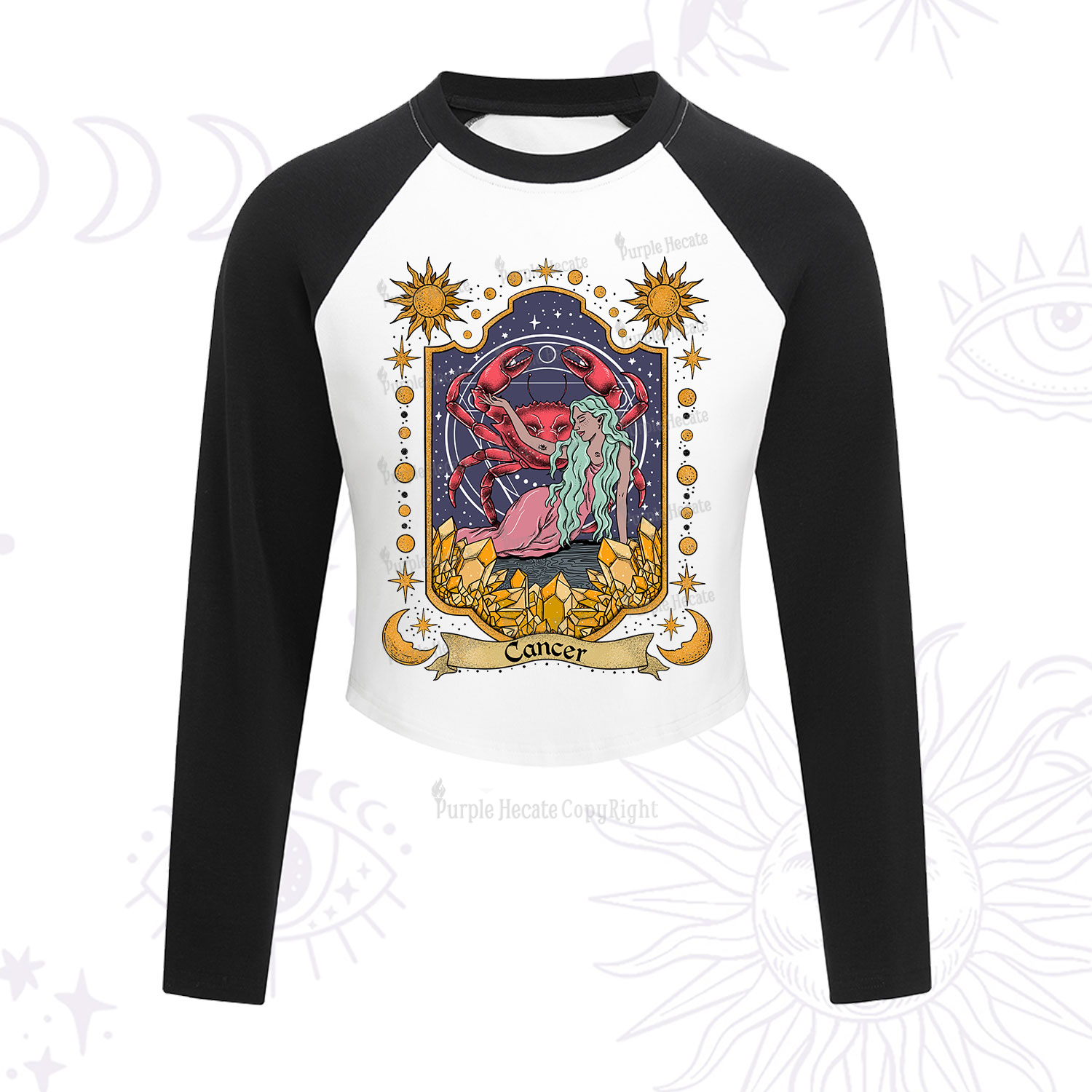 Purplehecate Cancer Zodiac Cropped Raglan Long Sleeve T-Shirt