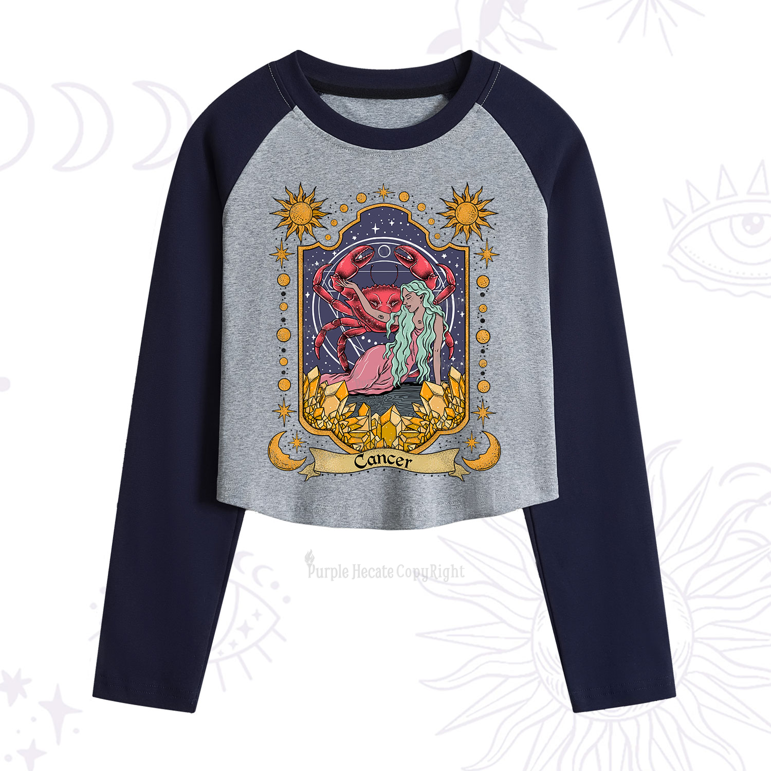 Purplehecate Cancer Zodiac Cropped Raglan Long Sleeve T-Shirt