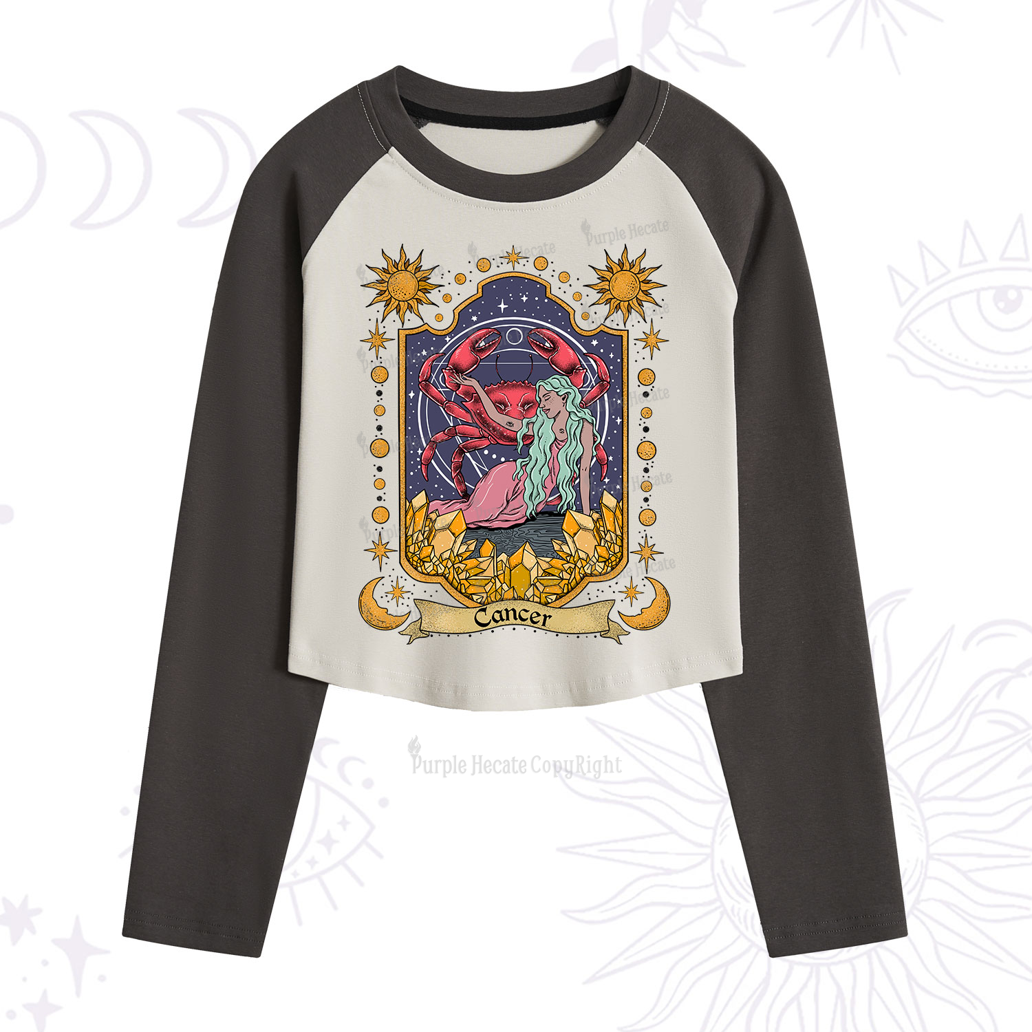 Purplehecate Cancer Zodiac Cropped Raglan Long Sleeve T-Shirt