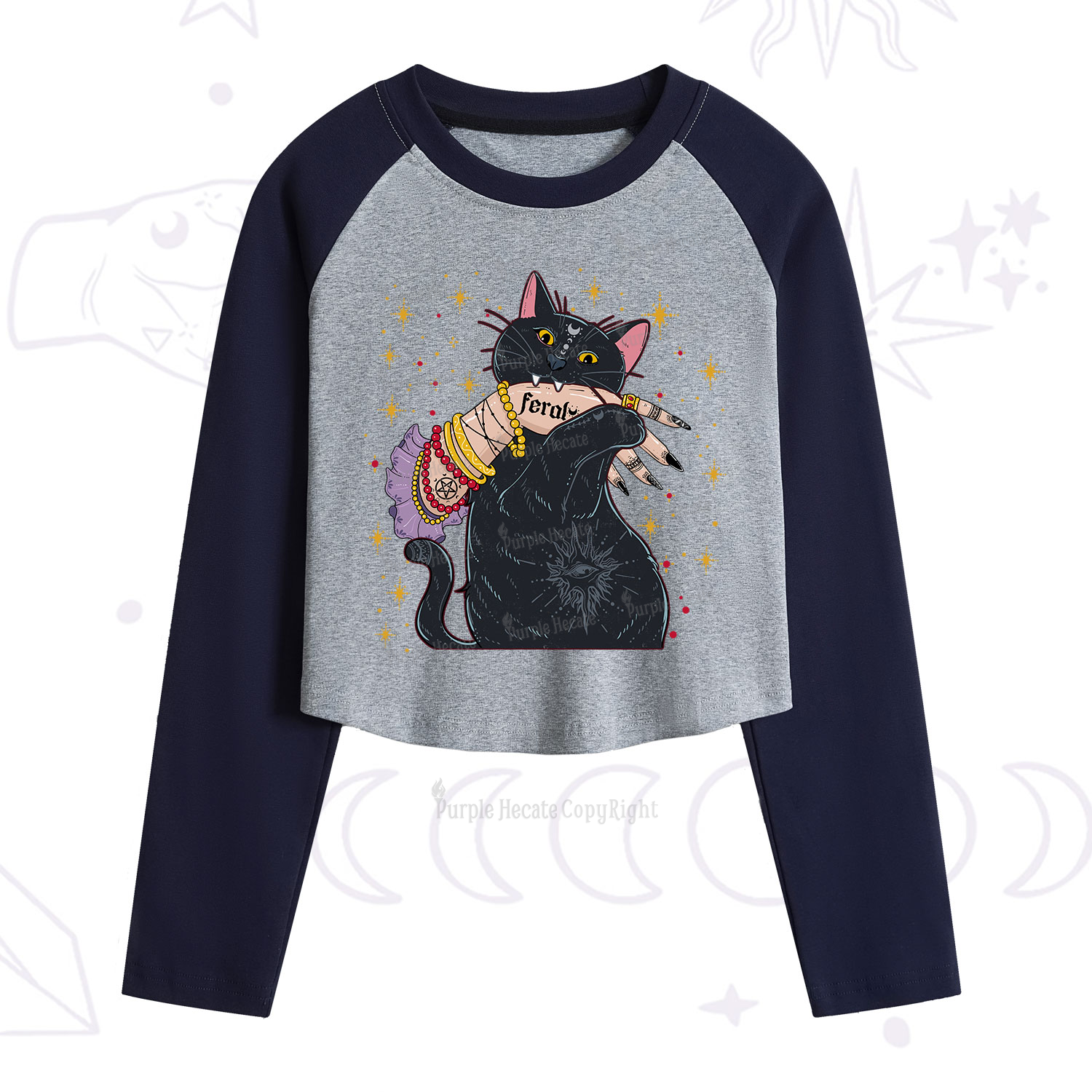 Purplehecate Feral Cat Cropped Raglan Long Sleeve T-Shirt