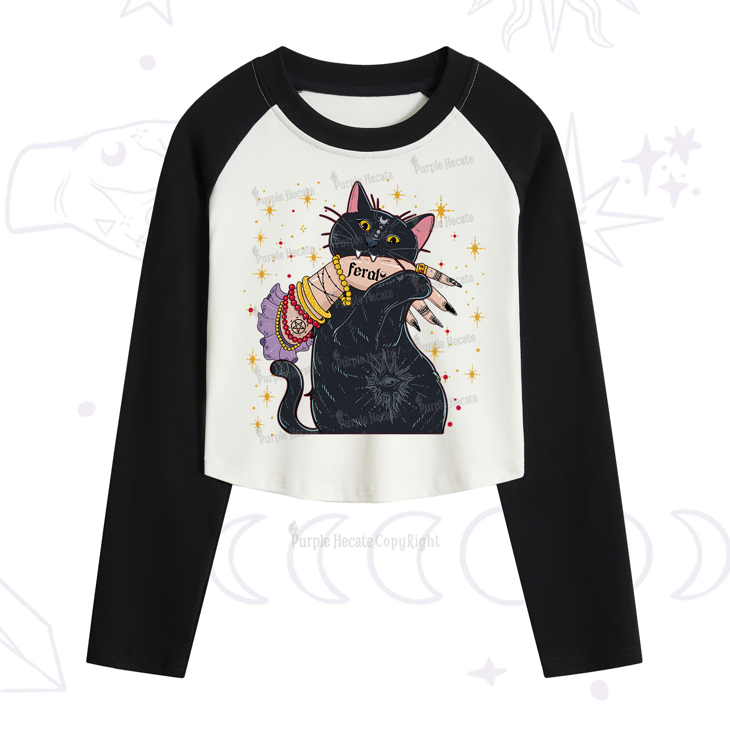 Purplehecate Feral Cat Cropped Raglan Long Sleeve T-Shirt