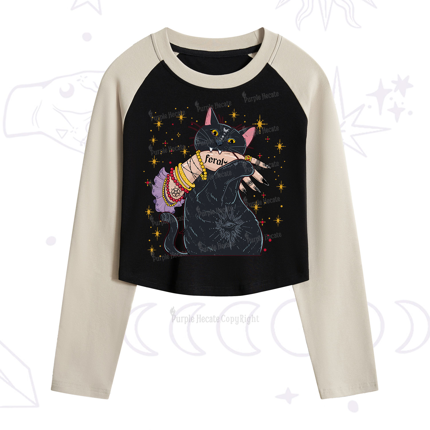 Purplehecate Feral Cat Cropped Raglan Long Sleeve T-Shirt