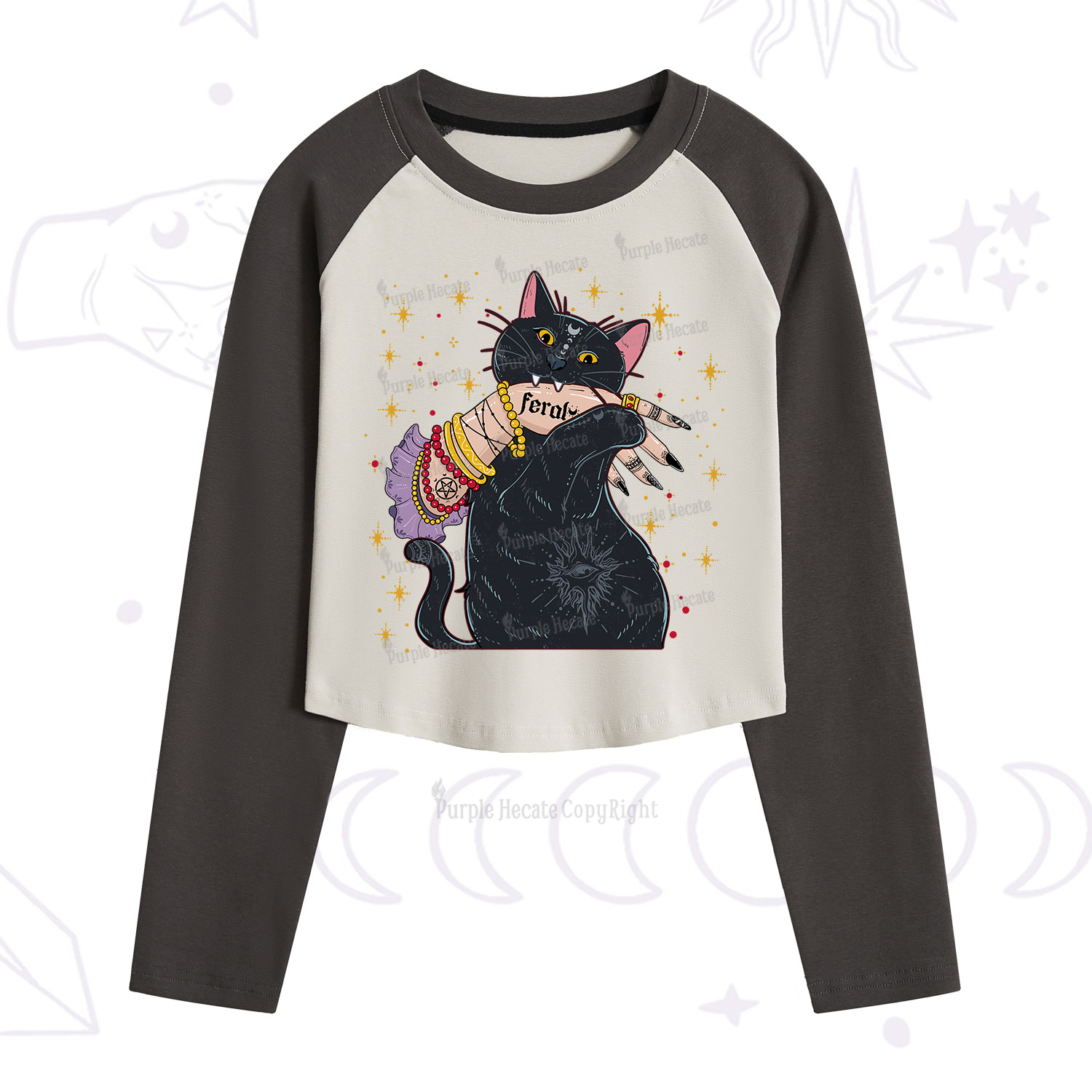 Purplehecate Feral Cat Cropped Raglan Long Sleeve T-Shirt